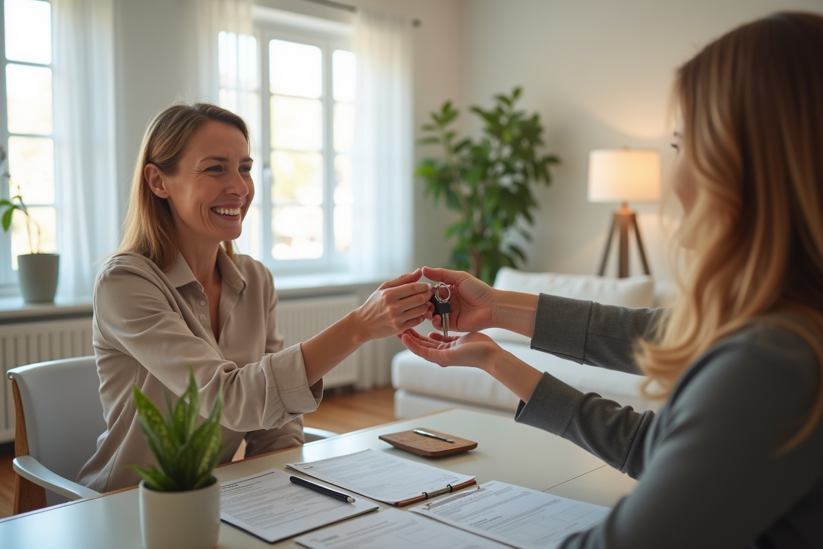 Agent immobilier souriante remettant les clés à une femme dans un salon lumineux