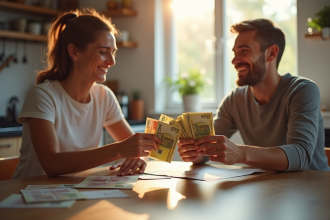 Deux amis échangeant des euros à la cuisine