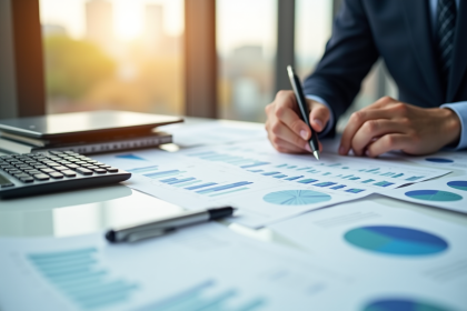 Personne analysant des graphiques sur un bureau lumineux