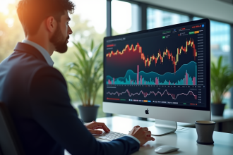 Personne en costume analysant graphiques boursiers sur un ordinateur lumineux