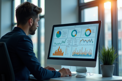 Professionnel analysant tableaux de bord numériques en bureau moderne