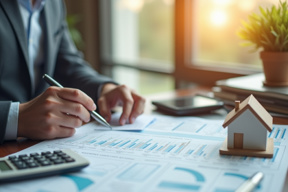 Professionnel analysant documents financiers et maison