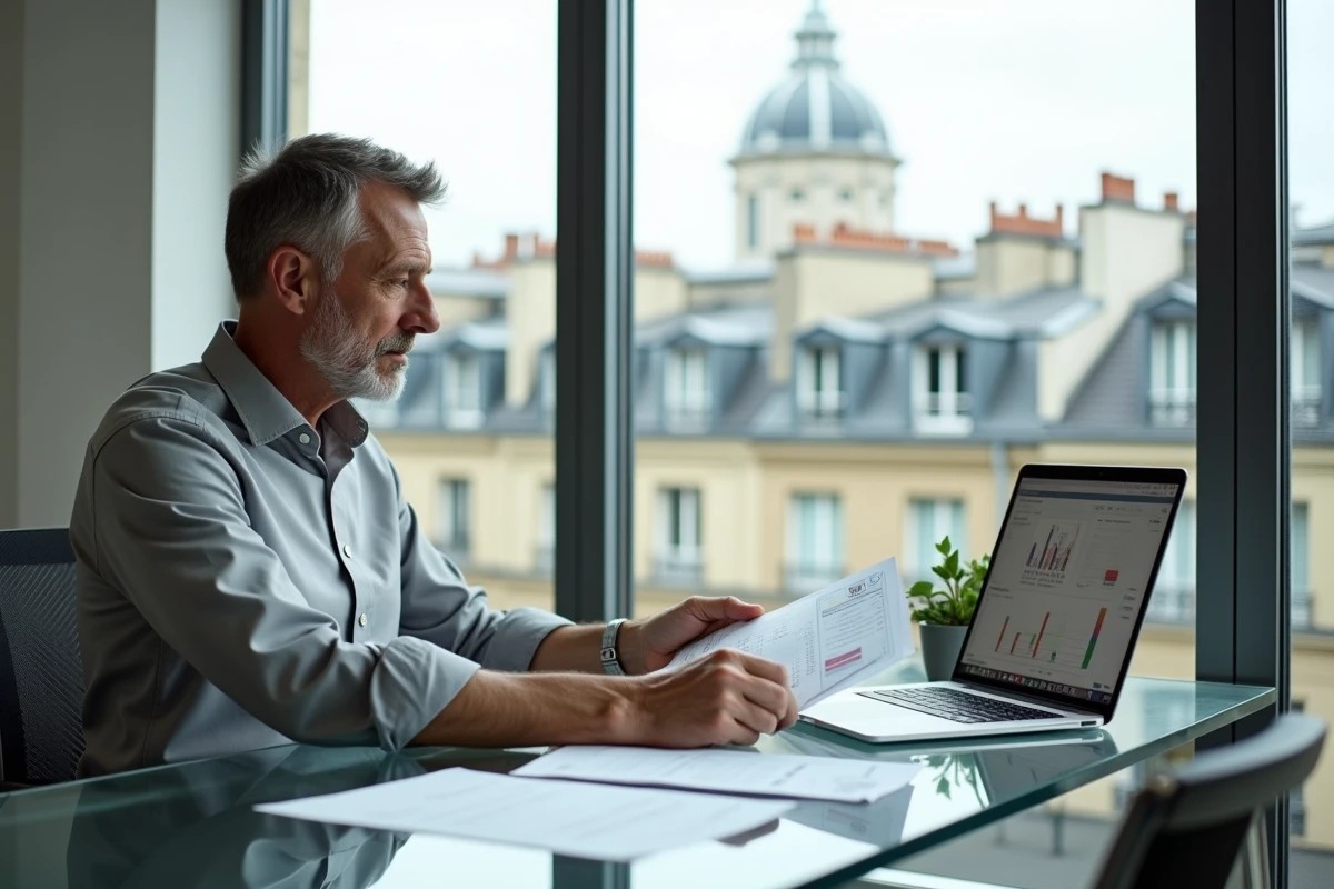 Analyste financier consultant des rapports patrimoniaux dans un bureau parisien moderne, symbolisant l'évaluation d'une fortune personnelle