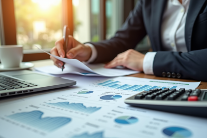 Professionnel analysant documents financiers et formulaires fiscaux