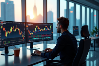 Analyste financier devant écrans avec graphiques SP500 en office lumineux