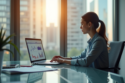 Femme d'affaires analysant des graphiques financiers et taux d'intérêt