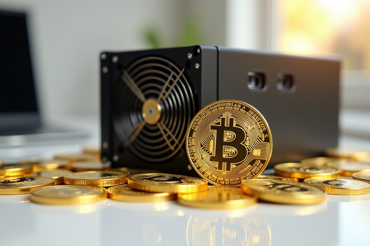 Gros plan sur Antminer S19 Pro entouré de pièces Bitcoin dorées