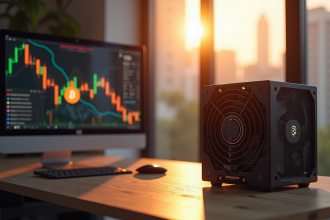 Antminer S19 Pro dans un bureau moderne avec symboles Bitcoin