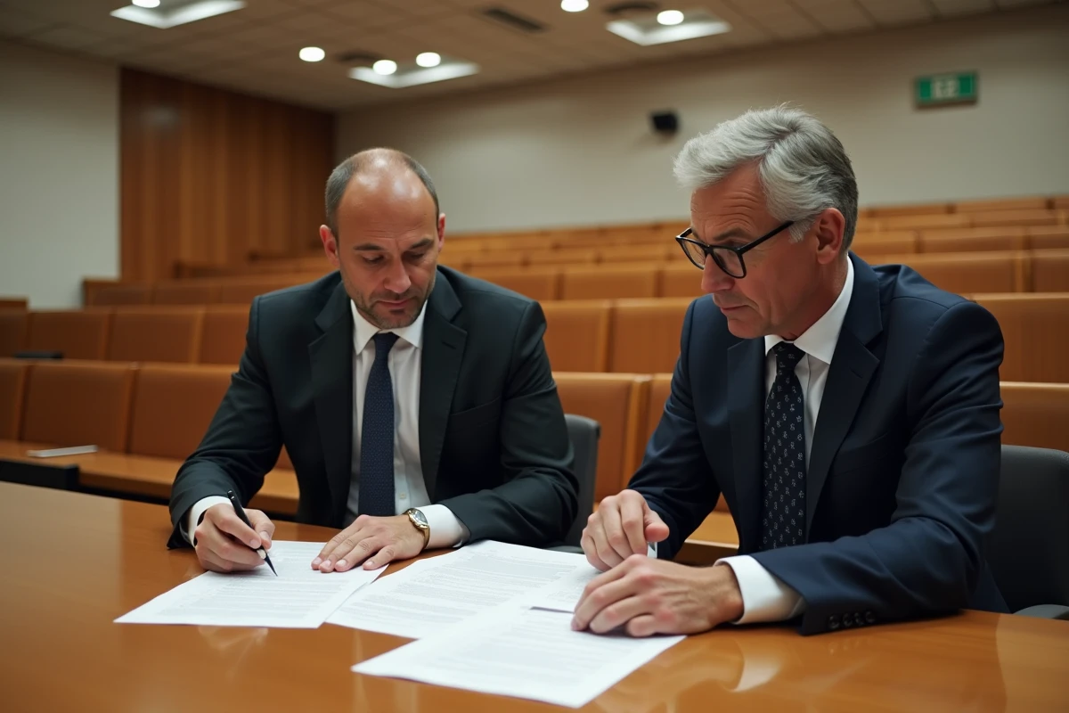 Deux avocats consultant des documents juridiques dans une salle d'audience française, illustrant un contexte de procès médiatique