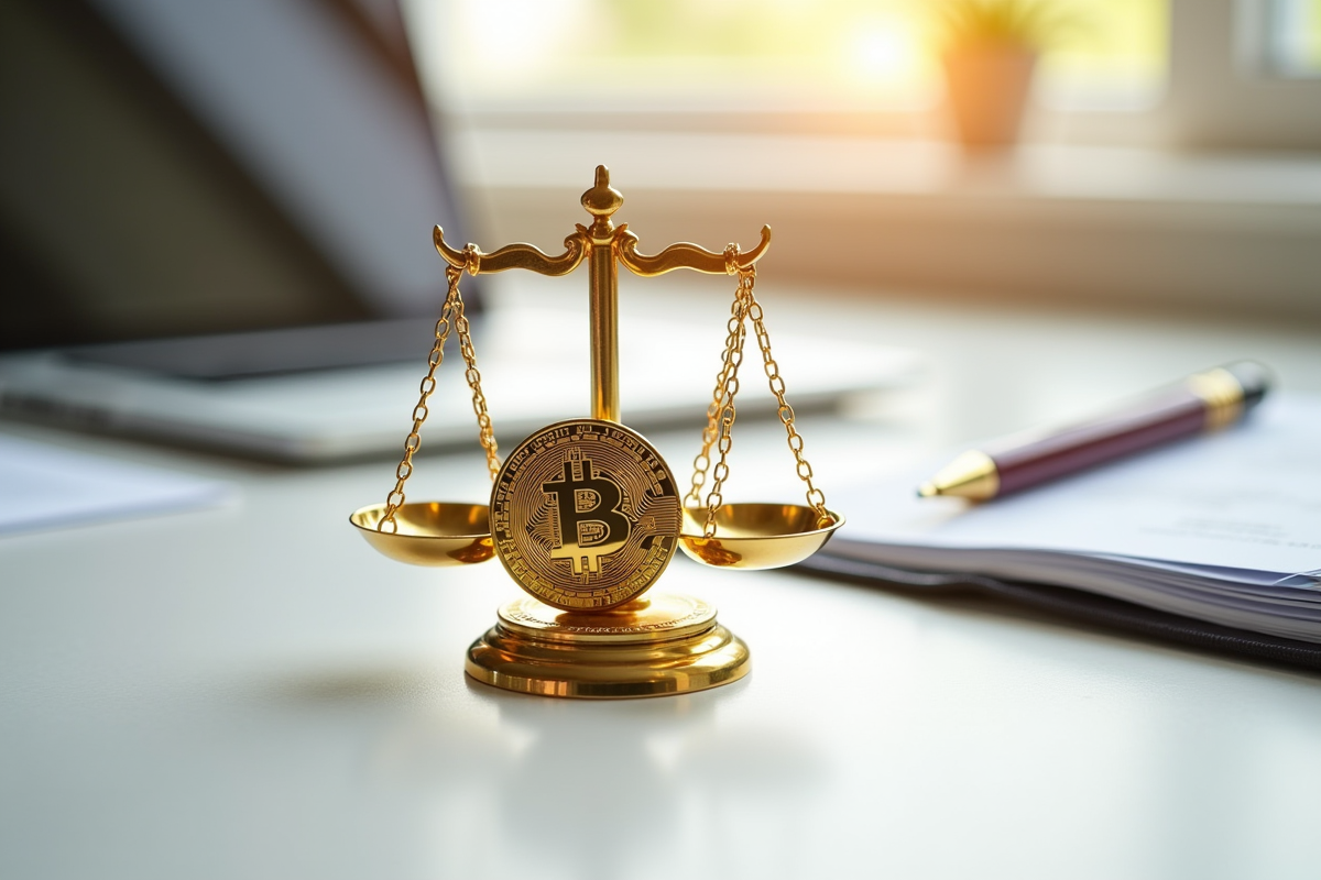 Balance de justice avec Bitcoin sur un bureau blanc