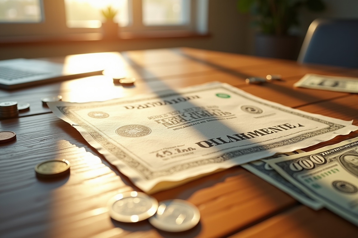 Billet de obligation déchiré entouré de pièces et dollars américains