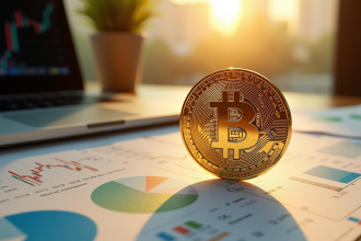 Bitcoin en or brillant sur presse financière