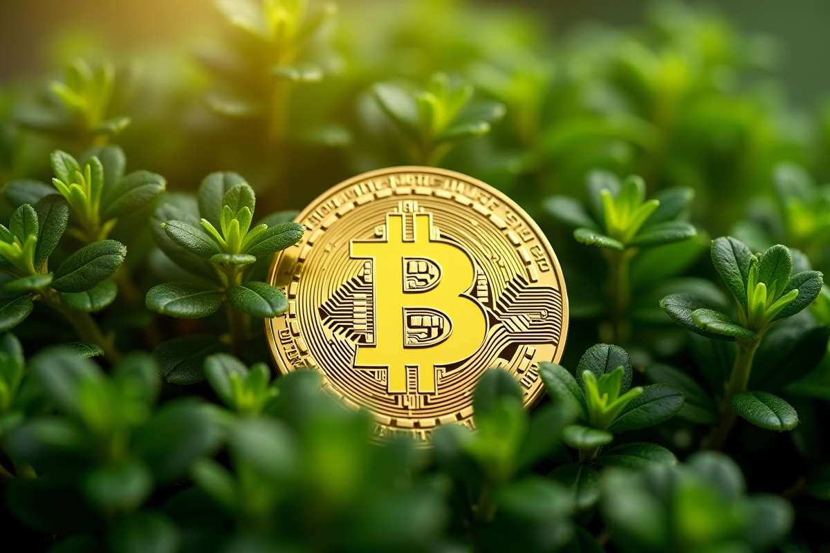 Pièces de bitcoin sur des plantes vertes symbolisant croissance