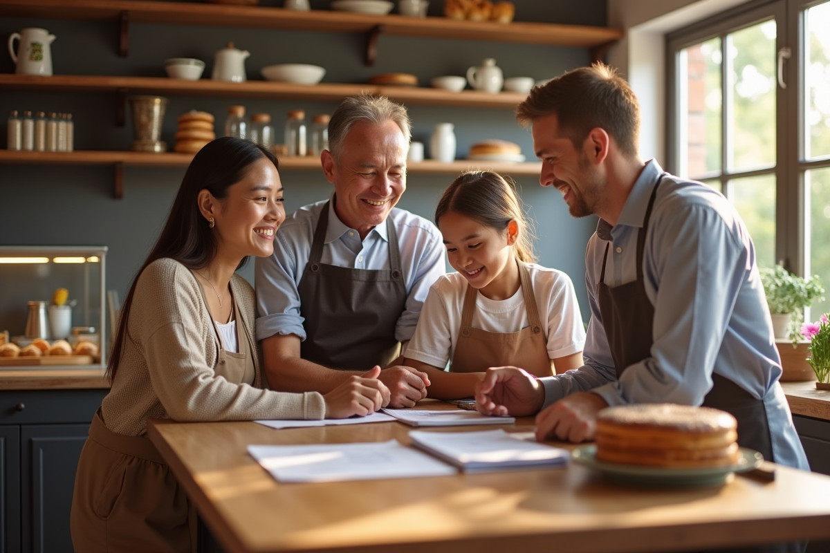 Famille dans une boulangerie familiale discutant de papiers