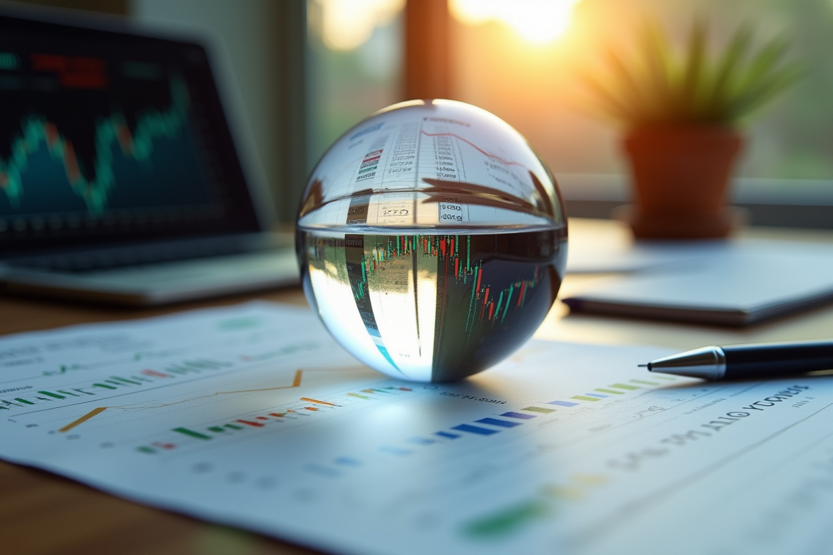 Boule de cristal sur bureau avec graphiques SP500 reflet natural
