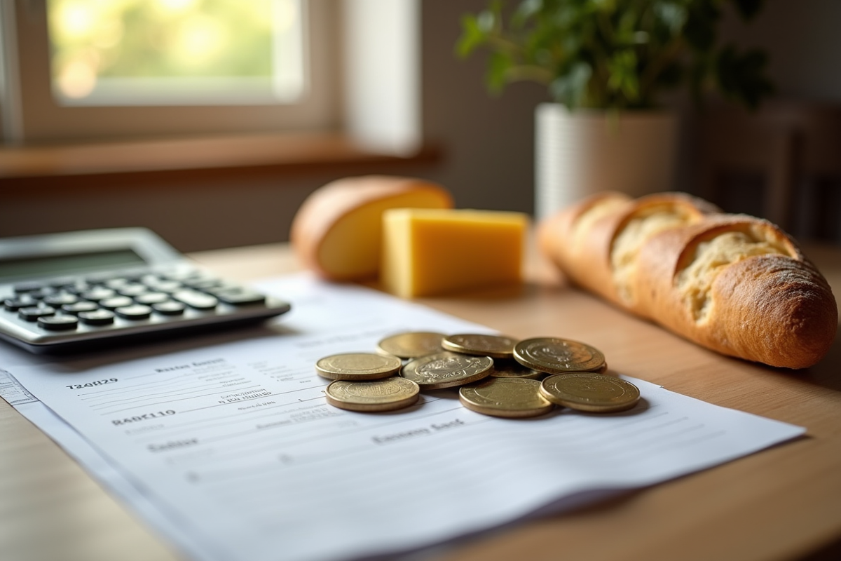 Scène de budget retraite avec documents et monnaie en cuisine