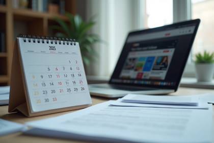 Bureau moderne avec calendrier 2025 et ordinateur