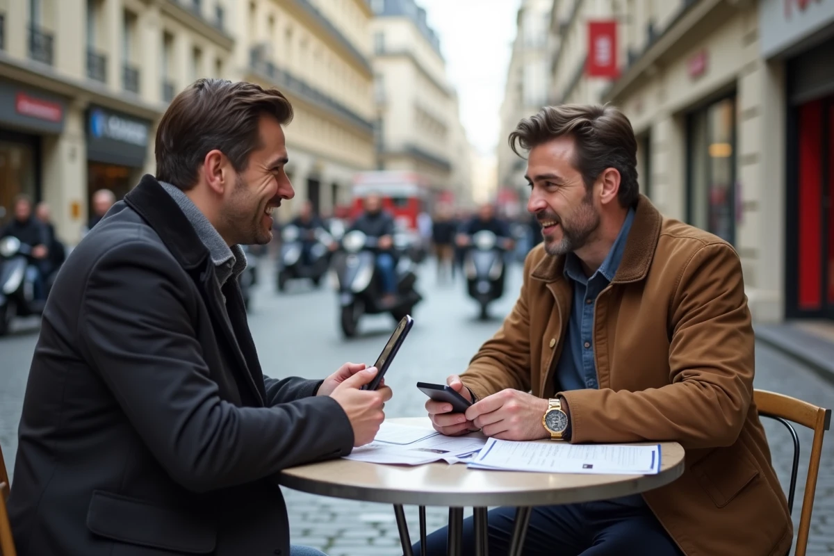 Deux hommes discutent dans un café parisien en extérieur