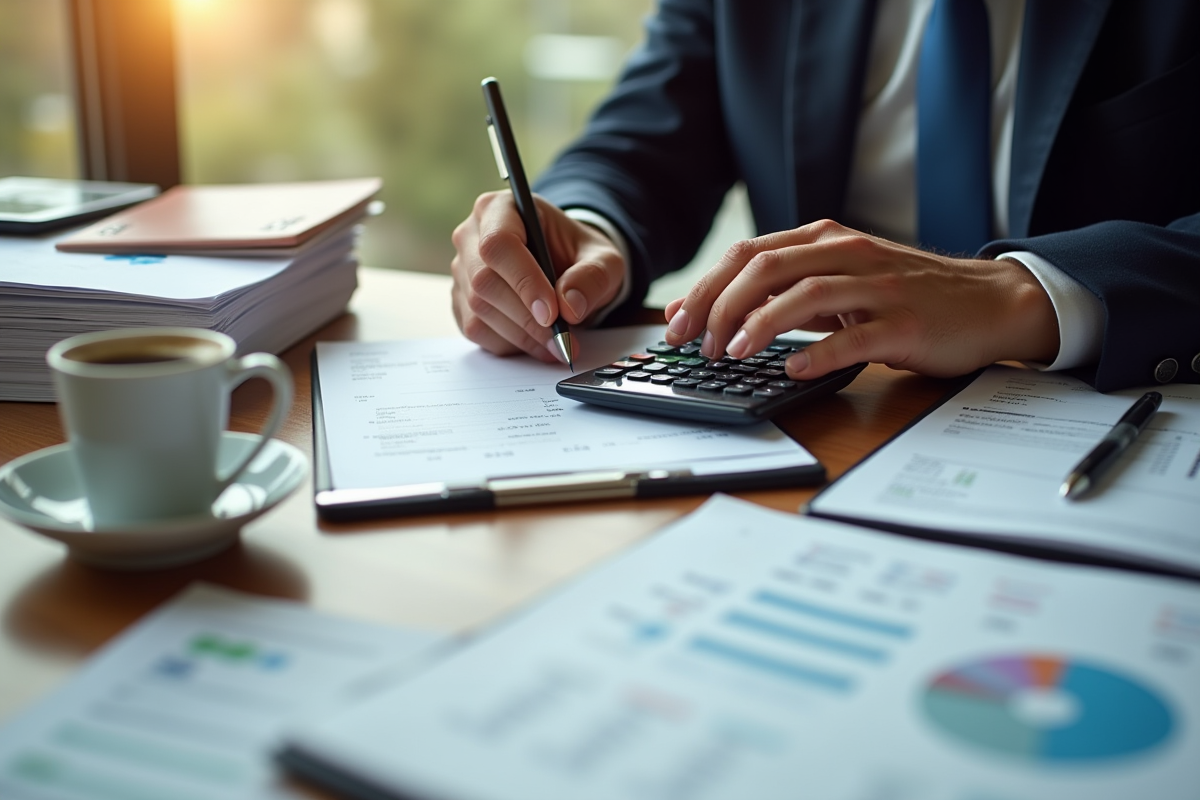 Main utilisant une calculatrice avec factures et dossiers SARL