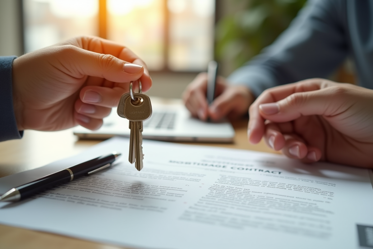 Echange de documents avec clés et contrat de prêt immobilier