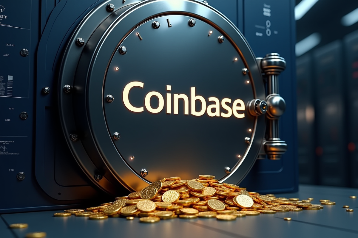 Coffre-fort ouvert avec logo Coinbase et pièces d or numériques