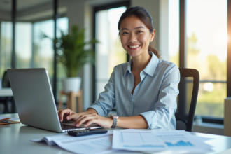 Comptable souriante au bureau lumineux avec documents et ordinateur