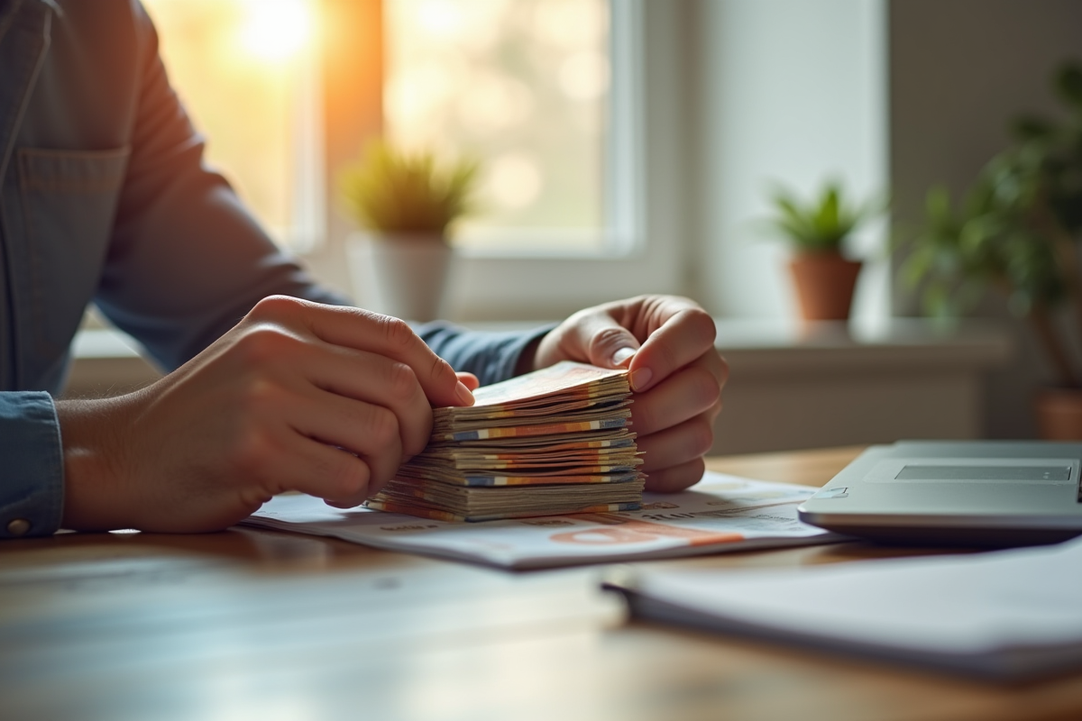 Mains comptant des billets d euros dans un bureau moderne