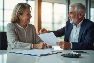 Conseiller financier remettant des documents à un couple mature dans un bureau moderne