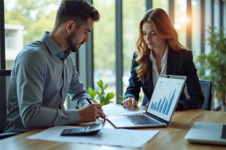 Conseiller financier et jeune client discutant de finances