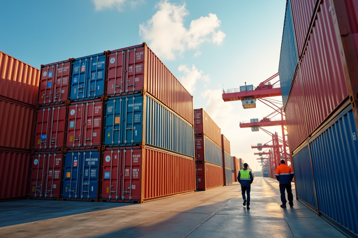 Conteneurs colorés empilés au port avec grues et ouvriers