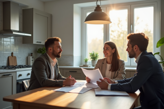 Couple discutant de contrat dans une cuisine lumineuse