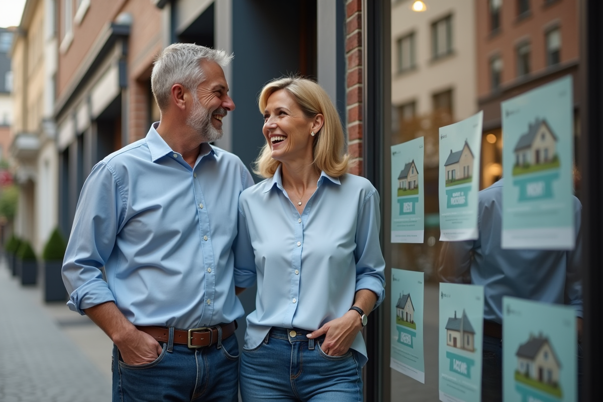 Couple discutant devant une agence immobiliere en ville