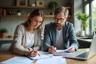 Couple français d age moyen en réunion de travail