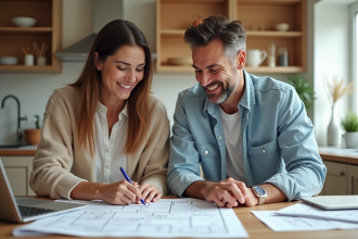 Couple souriant examinant des plans de rénovation dans la cuisine