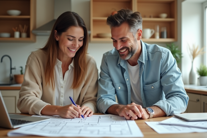 Couple souriant examinant des plans de r&eacute;novation dans la cuisine