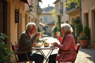 Couple retraité profitant d'un café dans un village français