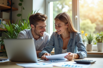 Jeune couple heureux analysant des graphiques financiers