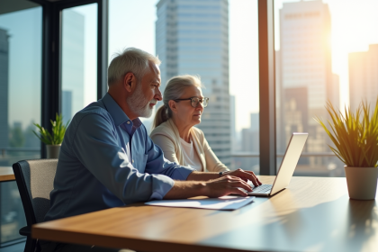 Couple senior travaillant à un bureau moderne avec documents et ordinateur