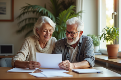 Couple senior souriant lisant des papiers de retraite