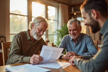 Couple senior souriant discutant de finances à la maison