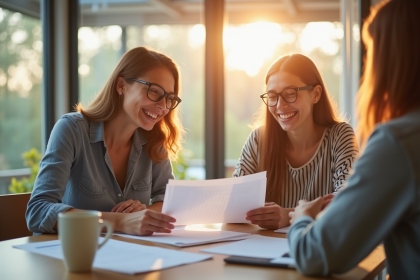 Jeune couple souriant discutant de prêt immobilier à la cuisine