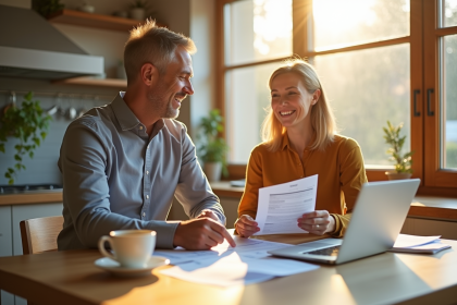 Couple confiant discutant finances à la maison