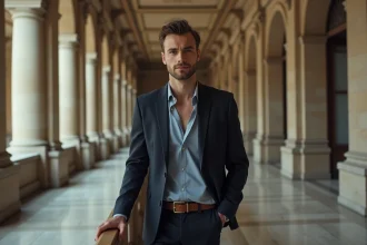 Jeune député français dans un couloir institutionnel à l'Assemblée nationale, posture assurée symbolisant un contexte juridique et politique