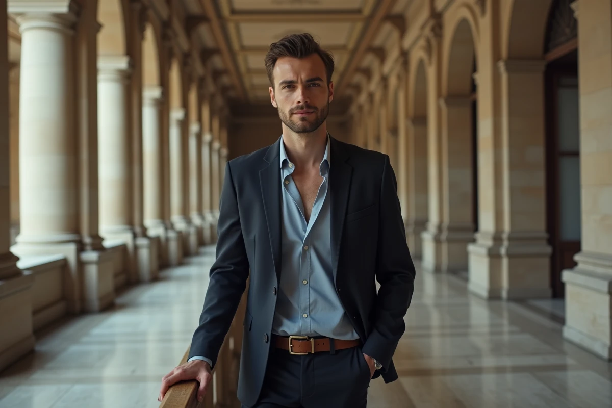 Jeune député français dans un couloir institutionnel à l'Assemblée nationale, posture assurée symbolisant un contexte juridique et politique