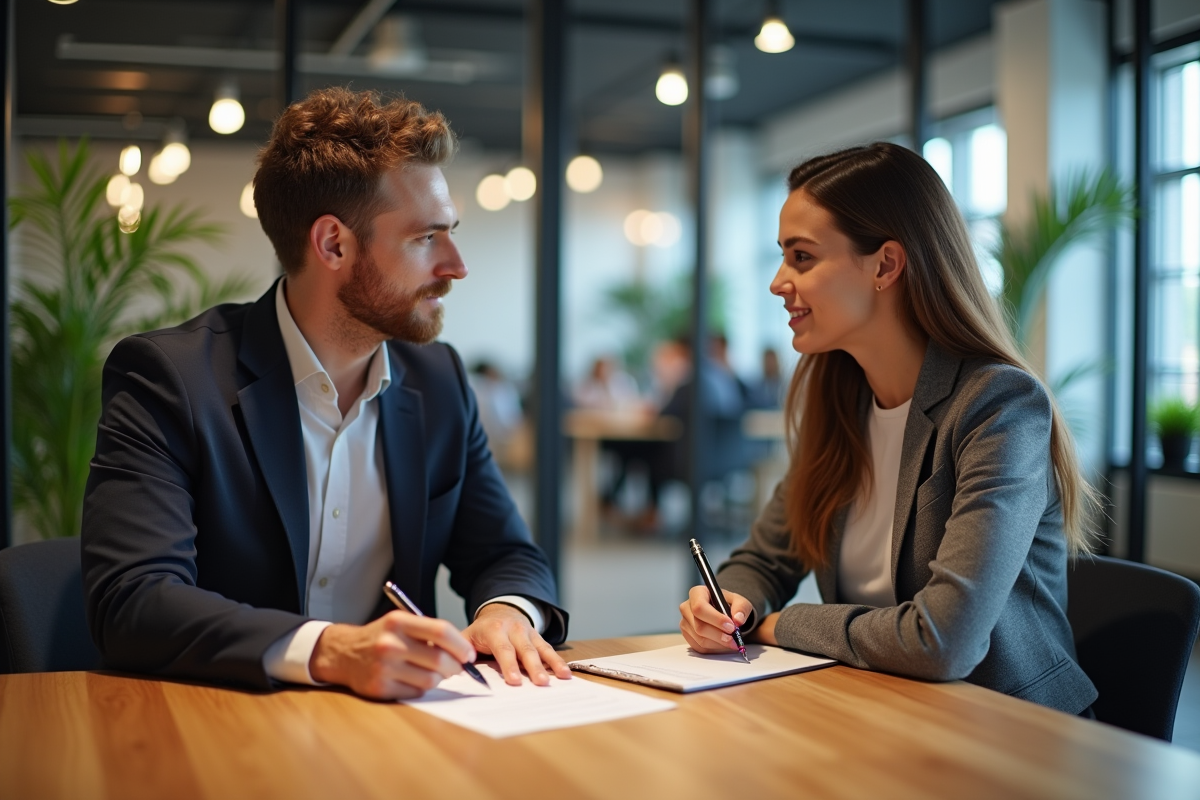 Jeune femme en réunion avec un conseiller dans un espace de coworking