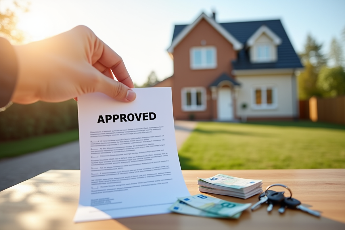 Main tenant un document de pret immobilier devant une maison neuve