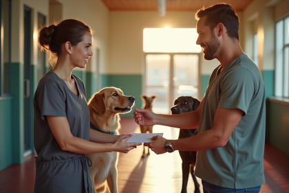 Bénévole donnant une enveloppe de don à un employé dans un refuge animal