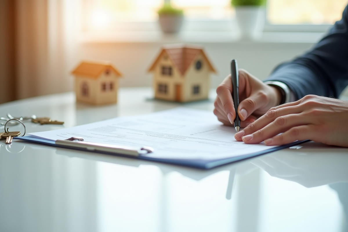 Mains tenant documents de pret avec maison et clés sur bureau lumineux