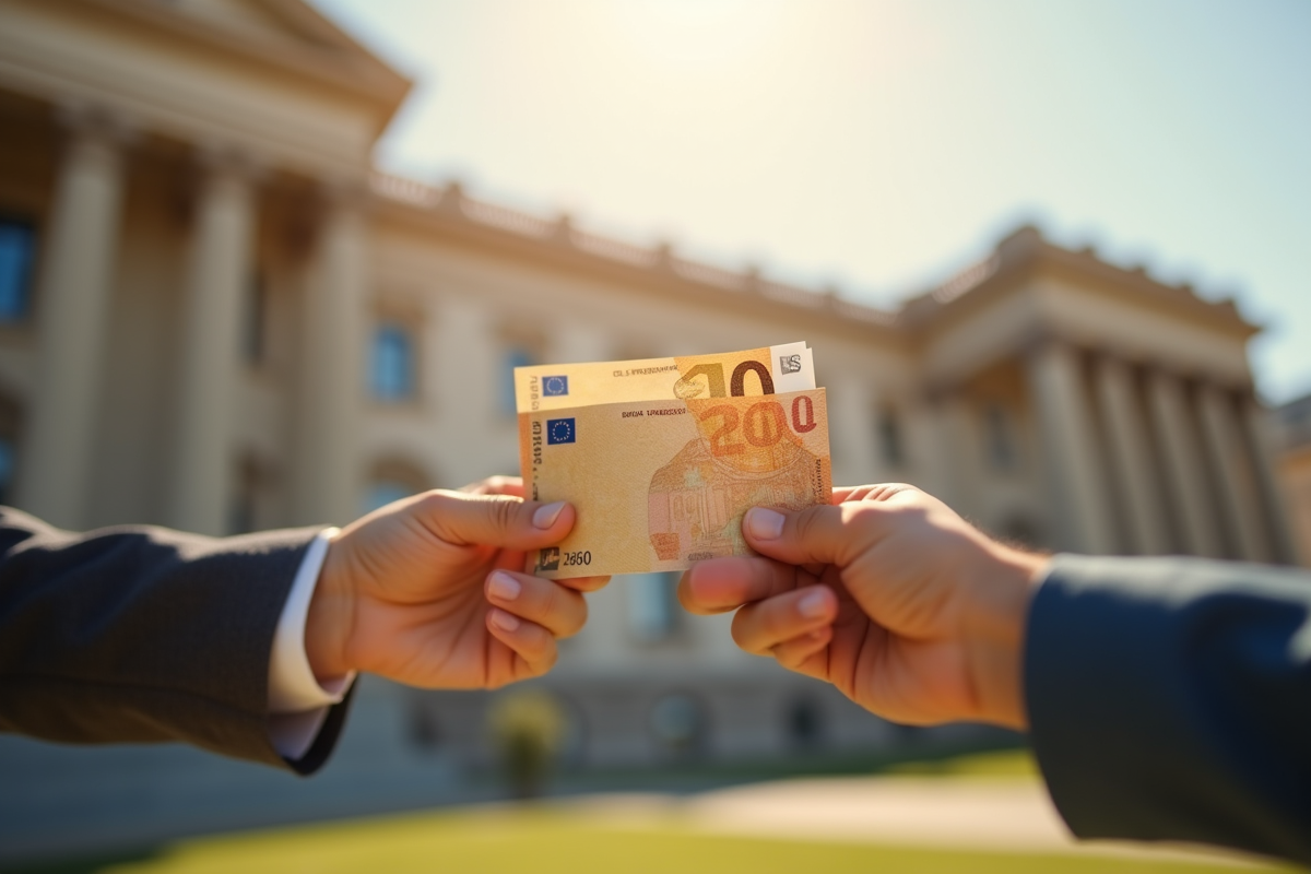 Echange de billets d euros devant un bâtiment officiel