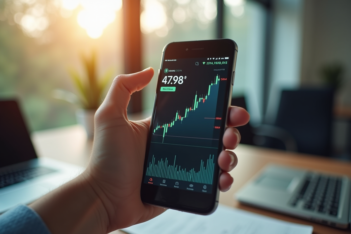Main tenant un smartphone avec graphique XRP en hausse